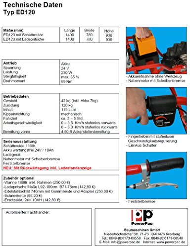 NEU SERIENMÄßIG: Mit Rückwärtsgang inkl. Ladestandanzeige — AKTIONSPREIS BIS ZUM 01.08.17 – POWERPAC ED120 inkl. Wanne 180ltr. – AKKUSCHUBKARRE ELEKTROSCHUBKARRE SCHUBKARRE DUMPER MOTORSCHUBKARRE - 4